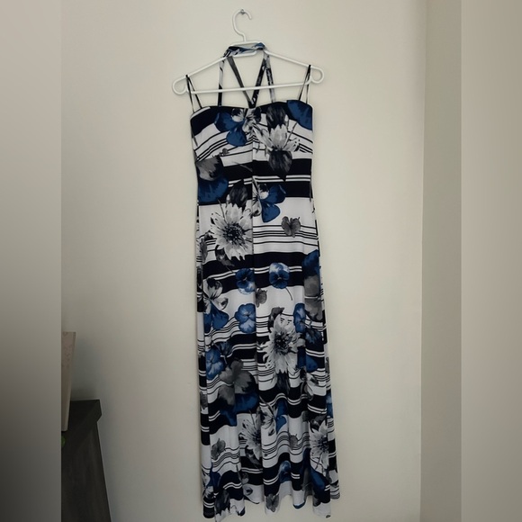 Blue and White Ruched Spaghetti Strap Maxi Sundress - Picture 1 of 5
